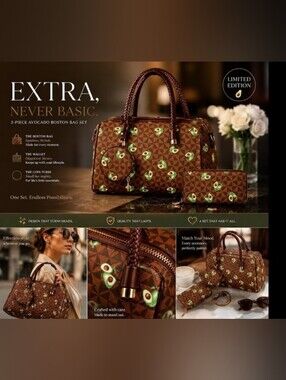 Ladies 3 PC Stunning Checked Avocado Theme Boston Bag Set